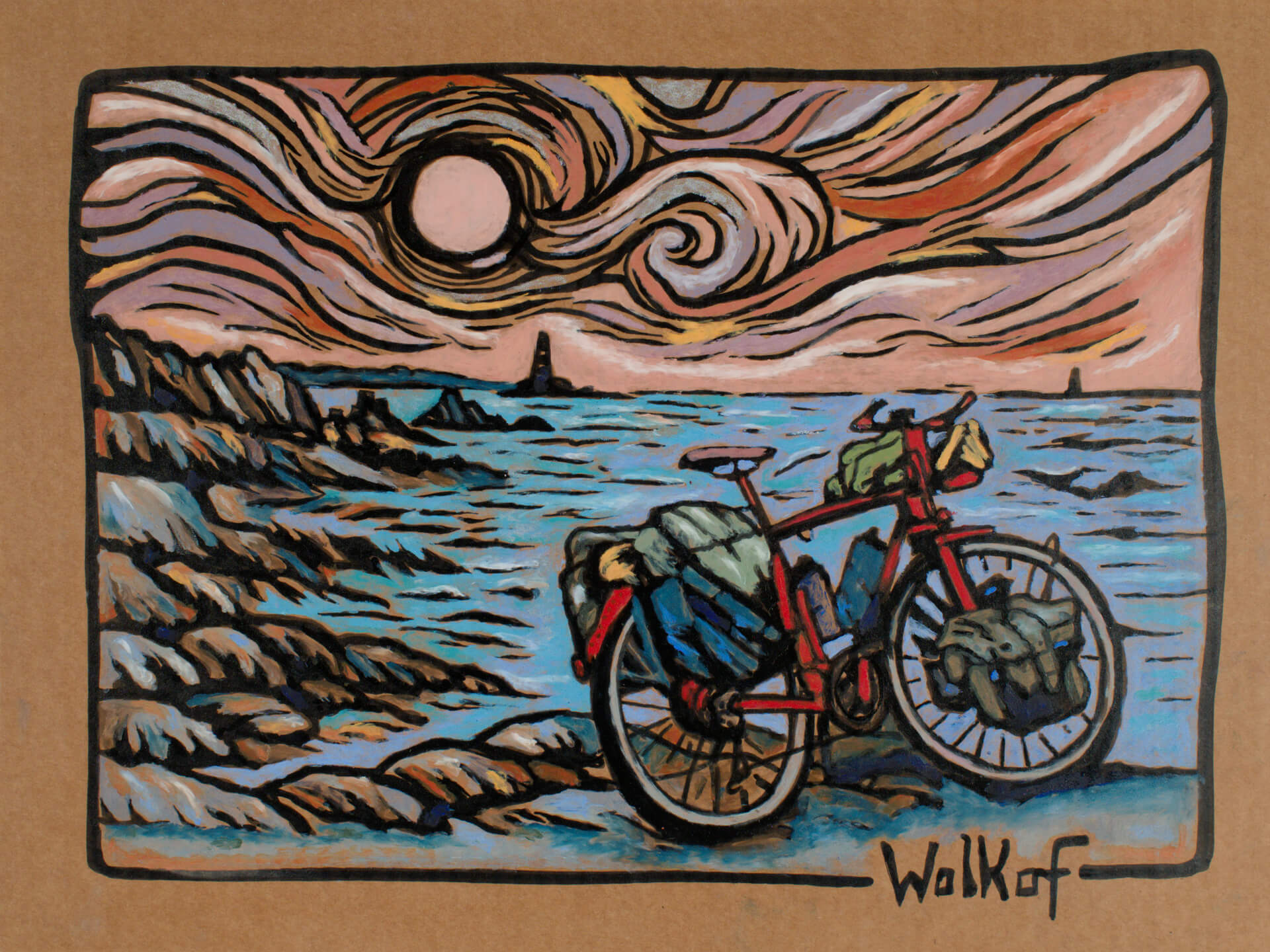 La Vélodyssée, ink and chalk on cardboard, 2026, 30 x 40 cm, Réf. 20260226